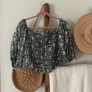 Daughters of India Saira Top in Green Floral Off Shoulder Puff Sleeve size large